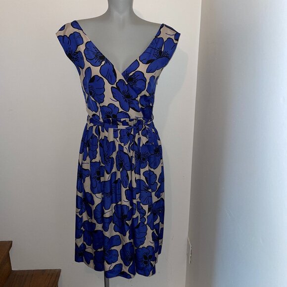 Betty Jackson Black dress sleeveless pockets floral v neck silver blue US 4